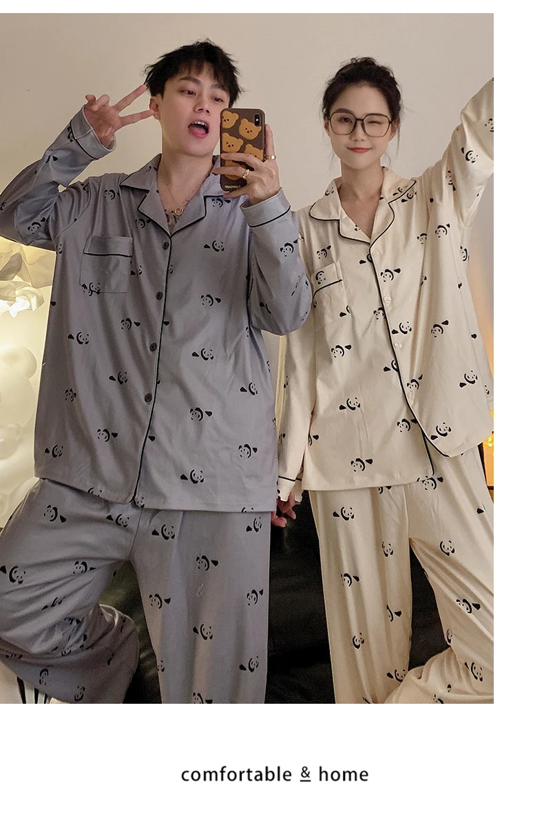 Pajamas Women Pajama Man Set Cotton Plus Size Spring Autumn Long-sleeved Korean Cardigan Casual V-neck Nightwear Couple Pyjamas