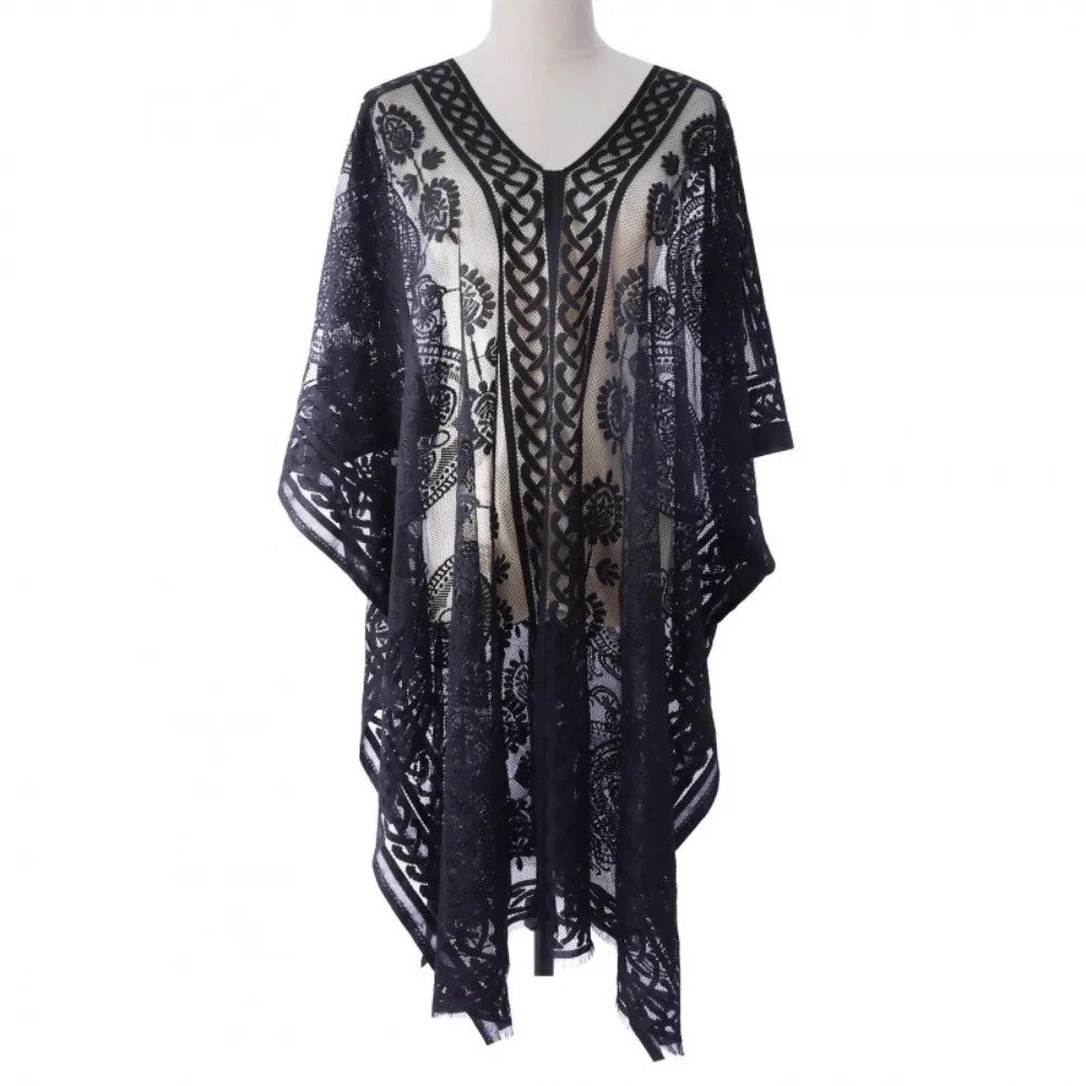 Breathable Lace Mesh Sunscreen Beach Cover Up Plus Size Casual Bohemian Shawl Floral Transparent Swimsuit Cover Up Lady