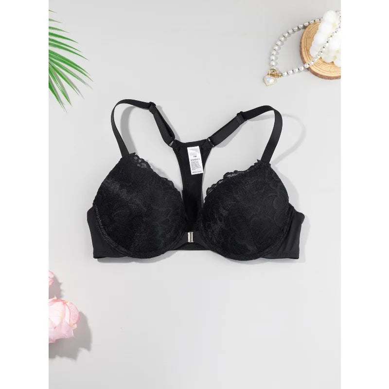 Lightly padded, underwired lace push-up bra with front closure and beautiful back design