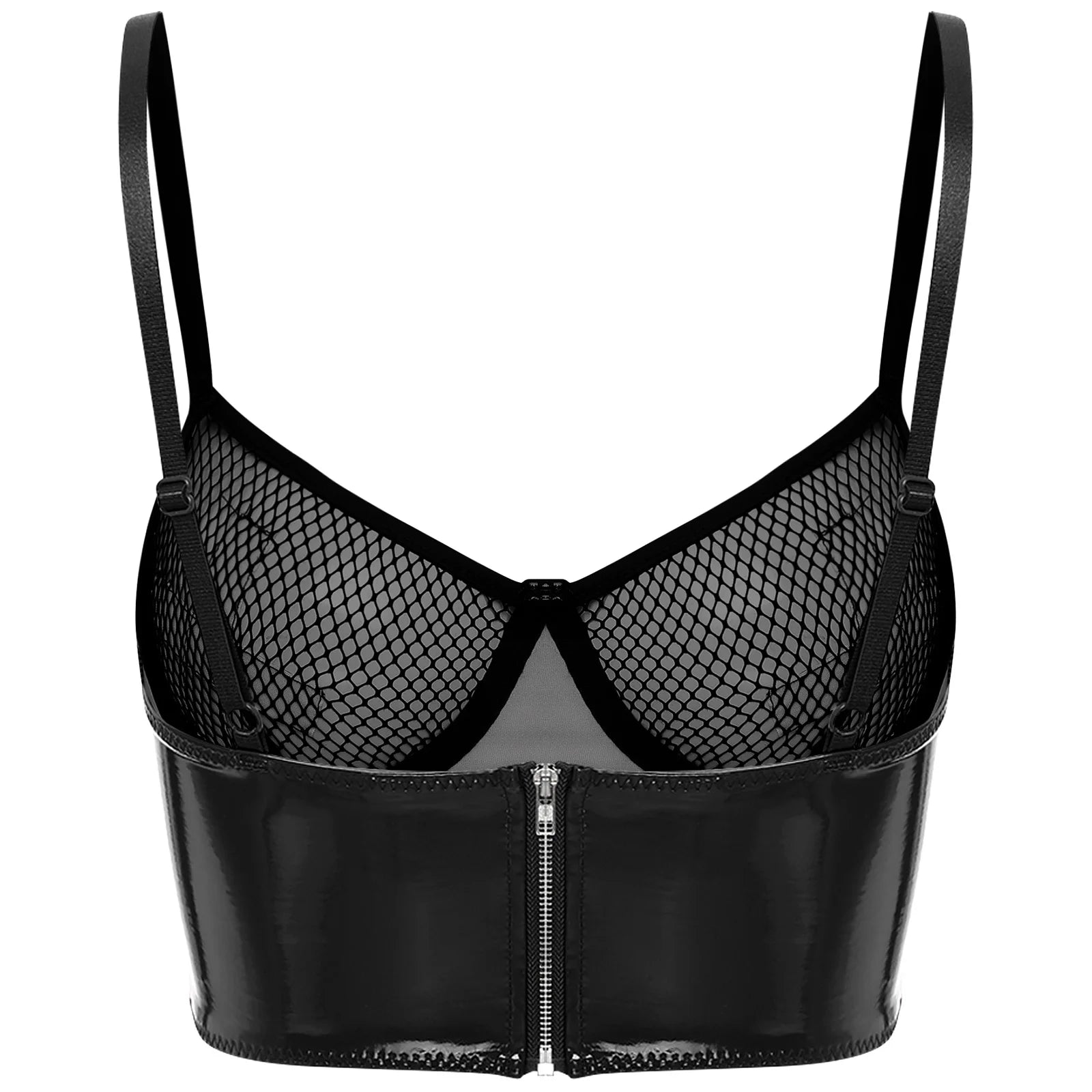 Womens Lingerie Fishnet Mesh Bra Bustier See Through Mesh Underwire Balconette Back Zipper Bras Sexy Push Up Wet Look Crop Top
