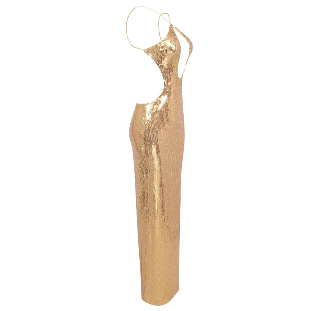 Sexy Sequin Halter Black Long Dress with Deep Plunge Cut-out – Summer New Backless Club Nights DJ Party Birthday Evening Dresses