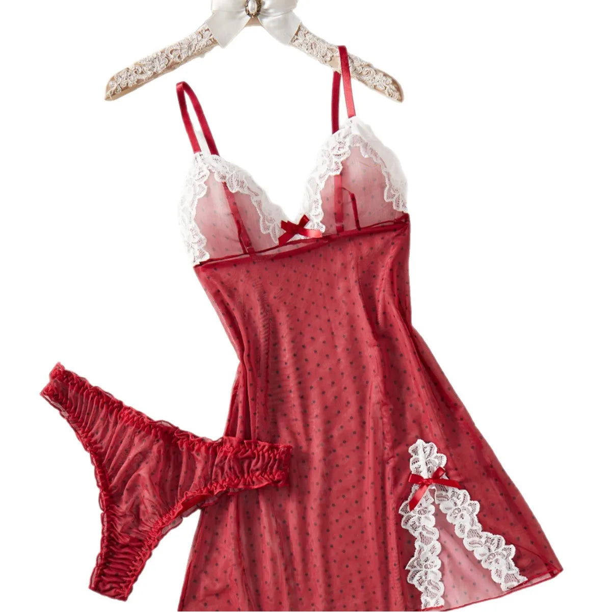 Lace Mesh Semi-Sheer Cami Nightdress Two-Piece Set