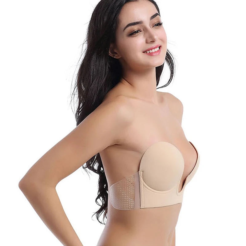 Strapless Bras Invisible Push Up Bra Silicone Brassiere Deep U Underwear Dress Wedding Party Sticky Self-adhesive