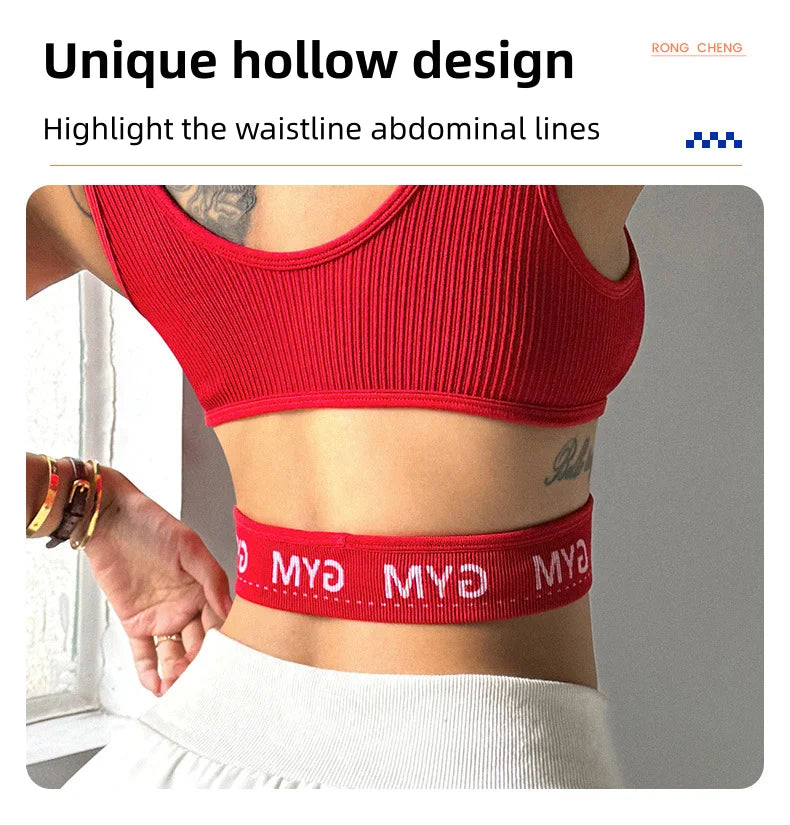 Sexy Red Ribbed Sports Bra for Women Breathable High Elasticity Seamless Deep U Neck Cut Out Yoga Bra Support Fitness Crop Top