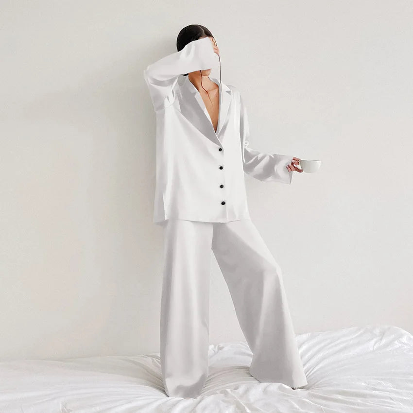 Two Pieces Women Pajama Sets Single Breasted Blouses Lounge Full Sleeve Spliced Straight Pants Casual Solid Lady Sleepwear