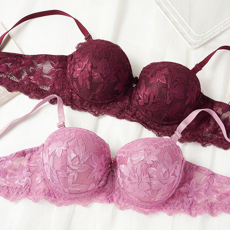 Women's Push Up Half Cup Bras French Lace Floral Bralette Thicken Bottom Gathered Underwire 36-42 A/B Cup Small Chest Underwear