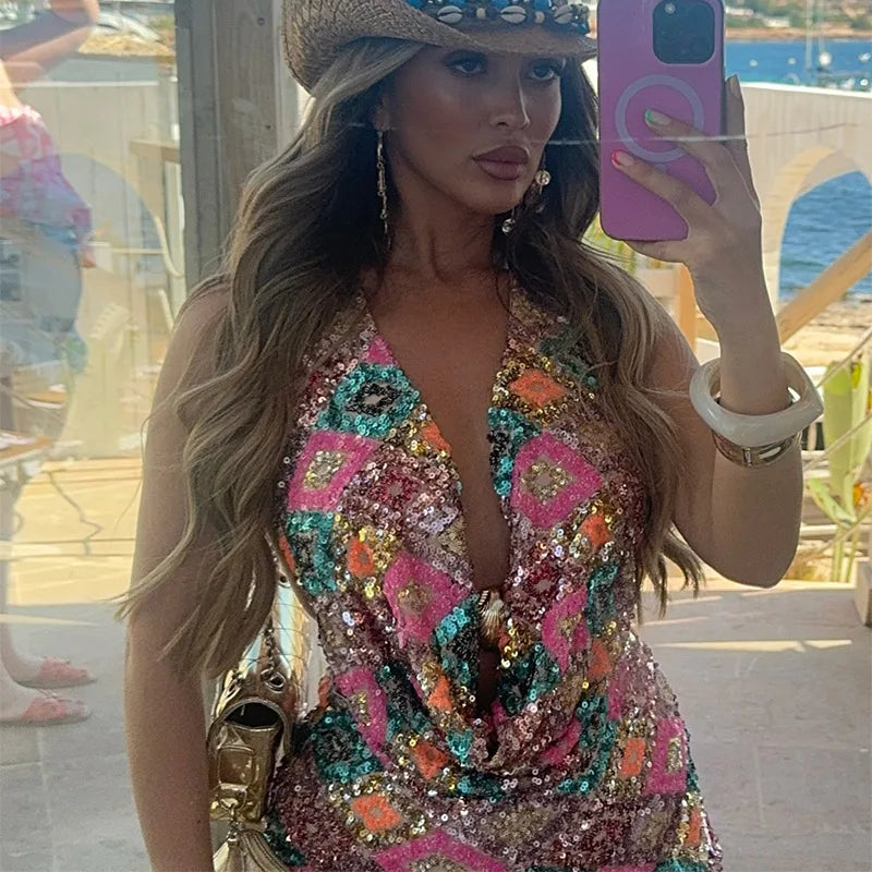 Sexy Sequin Halter Vest Shorts Women 2 Piece Sets Women Sleeveless Backless Vest Hip Package Short Pant 2026 Summer Lady Set ﻿