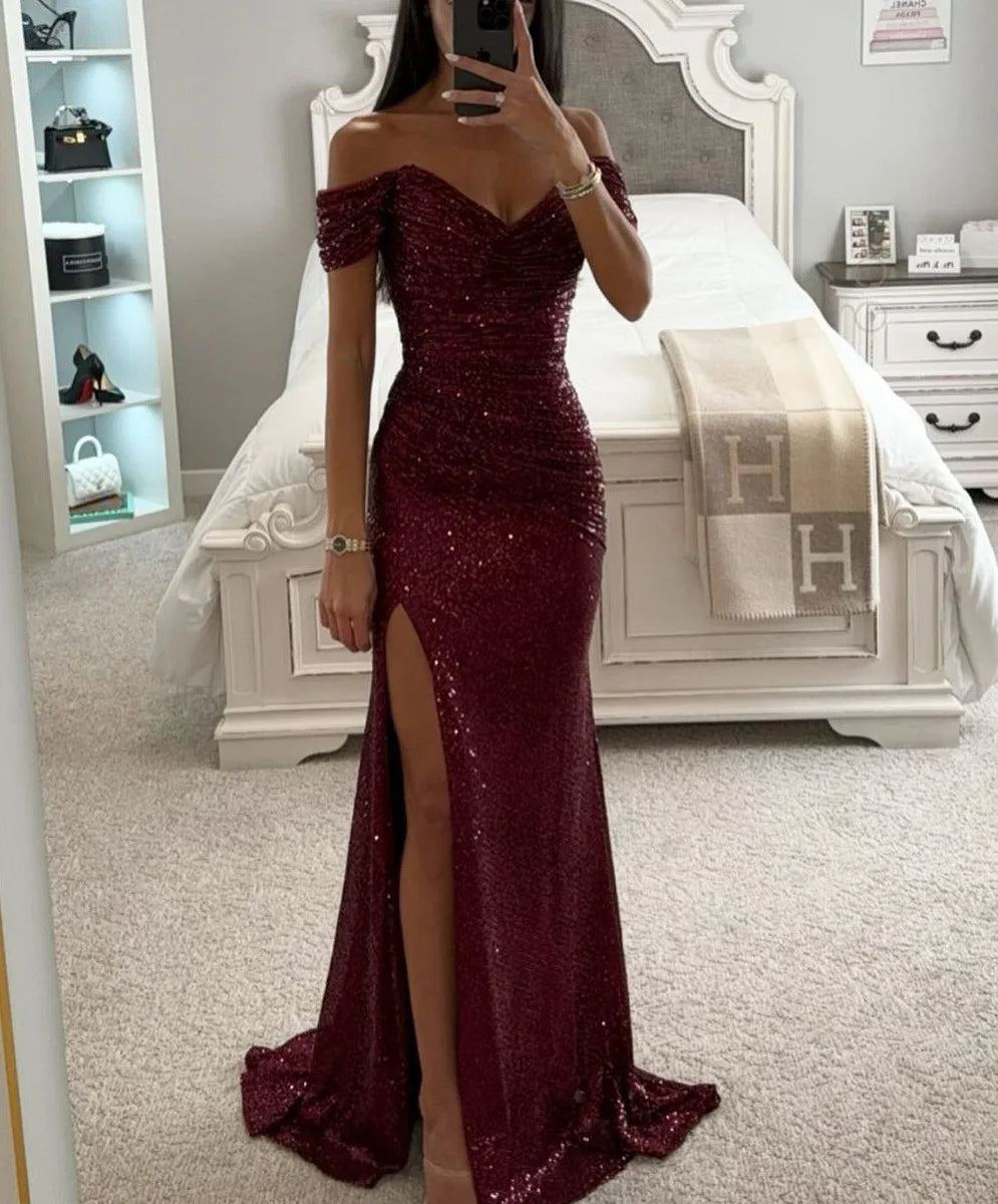 Sequin Long Dresses Women Sexy Off Shoulder Evening Dress Ladies Elegant Fashion Slash Neck Prom Female High Split Gown Vestidos
