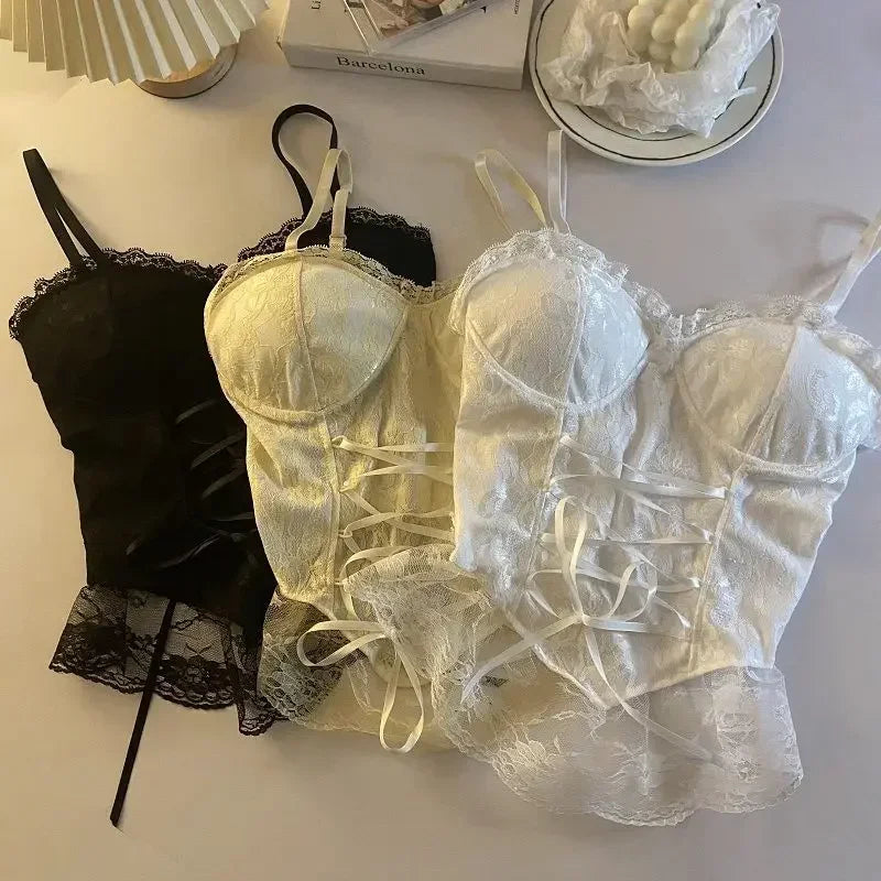 Sexy Lace Corset Crop Top Women Sleeveless Bandage Camisole Fashion Sling Tank Top Streetwear Blouse