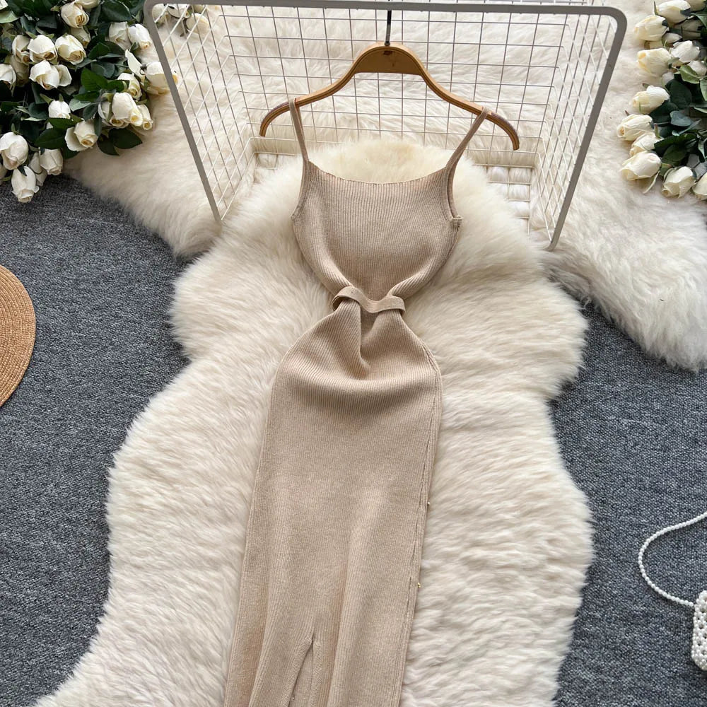 Sexy Knitting Split Long Dress Sleeveless Sequins Diamonds With Sashes Skinny Sundress 2025 Fashion Women Summer Dress