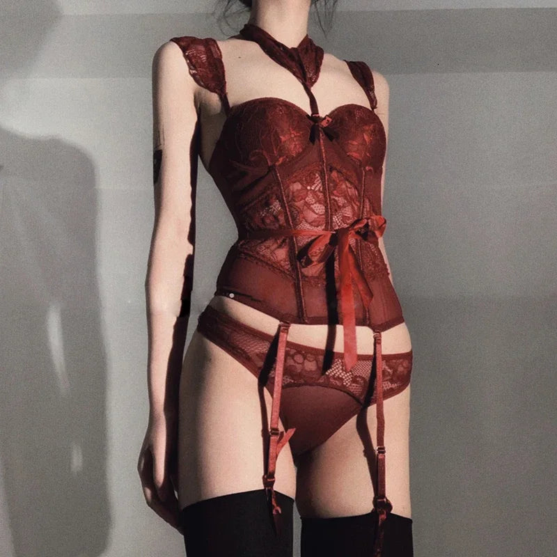 Sexy French Lace Corset Lingerie Women Fashion Underwear Halter Tops Lingerie Belt Transparent Tight Underwear Shapers Lingerie