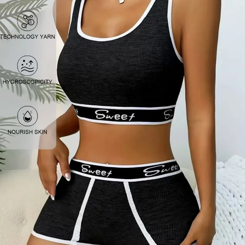 Sports Bra Sexy Wide Side Letter Suspenders Gym Bra Shorts Plus Size Tank Top Solid Color Two Piece Easy Clean Lingerie Shorts