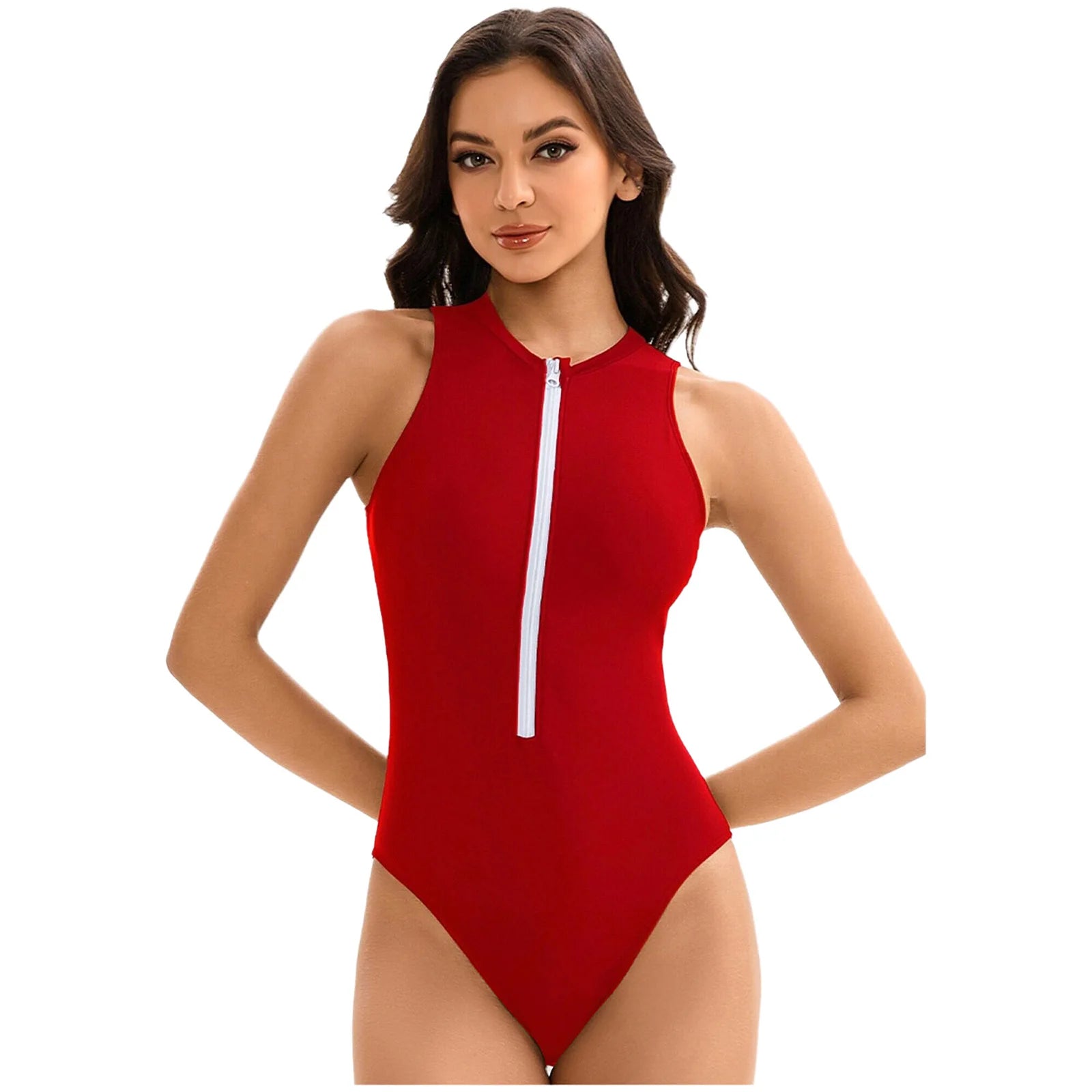 Womens One-piece Athletic Wetsuit Swimsuit Sports Swimwear Swim Costume Solid-color Zipper Closure Beach Swimming Bathing Suit