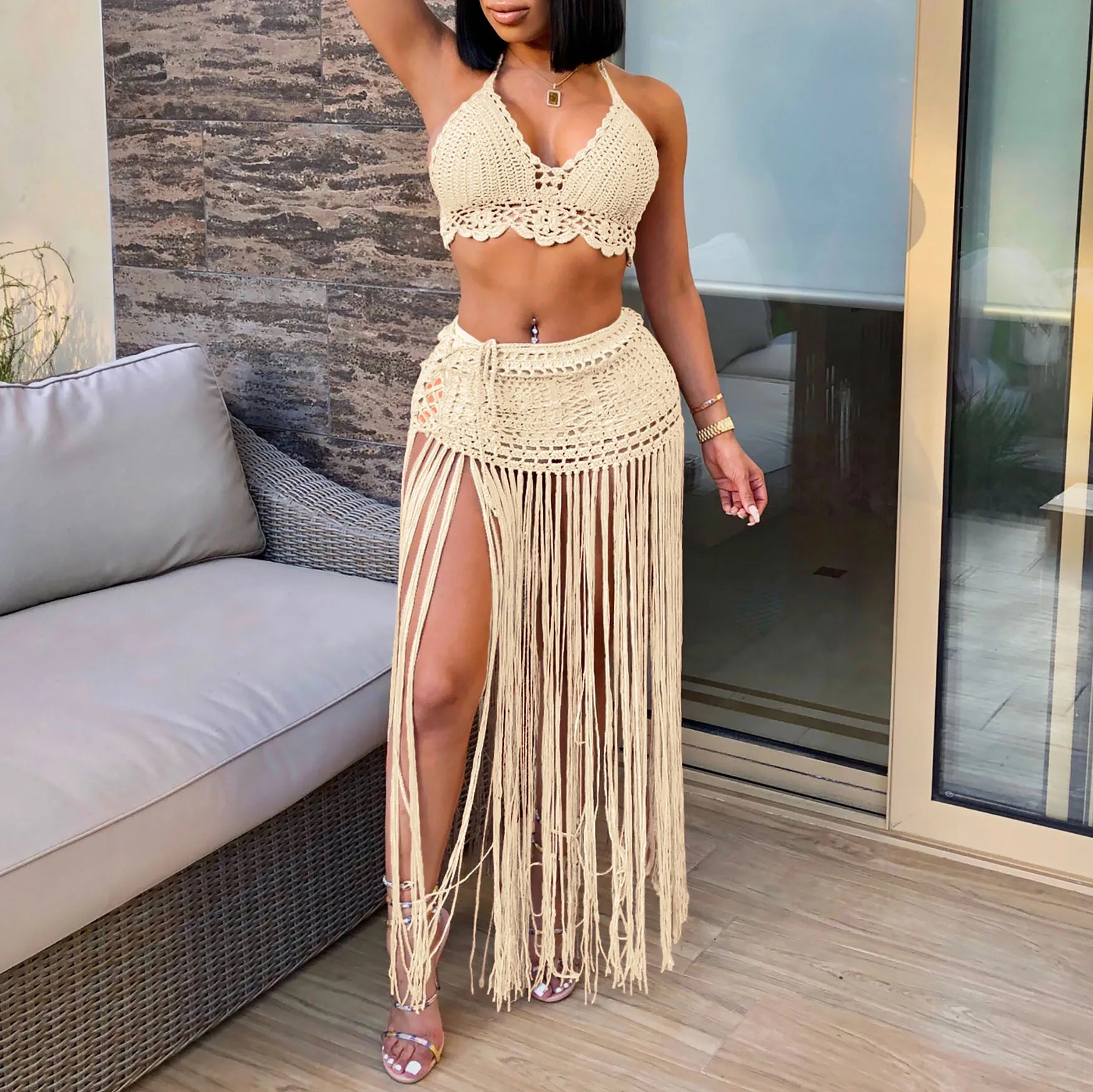 New Women's Two Pieces Swimsuits Beach Style Knitted Bikini Tops High Waist Tassel Long Skirts Female Sexy Cover Up Bikini Sets