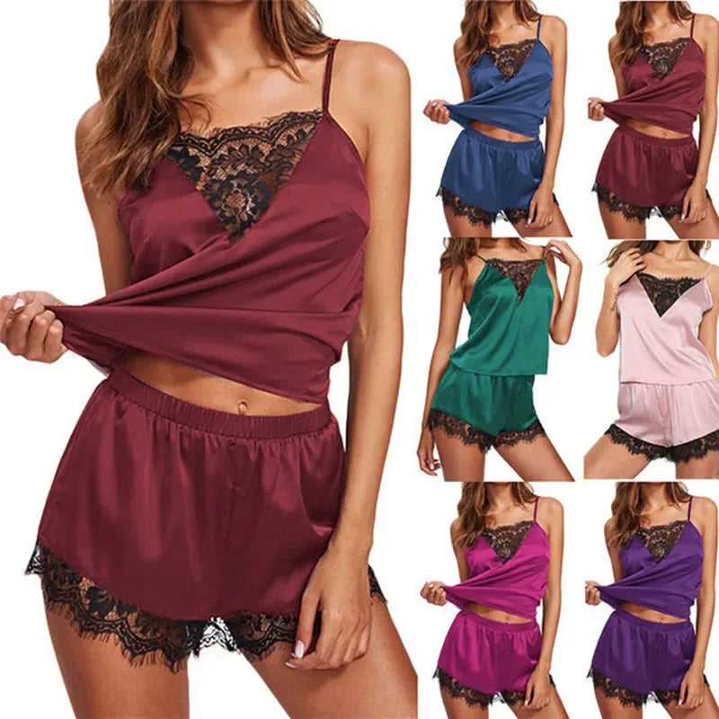 2025 New Fashionable and Comfortable Lace Pajama Set for Women's Home Clothes Strap Top Shorts Two Piece Set