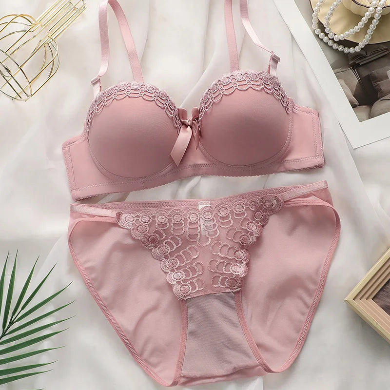 Women's Embroidered Lace Lingerie Set Sexy Push Up Bra with Underwire Bowknot Design Matching Panty Stylish Intimates for Girls