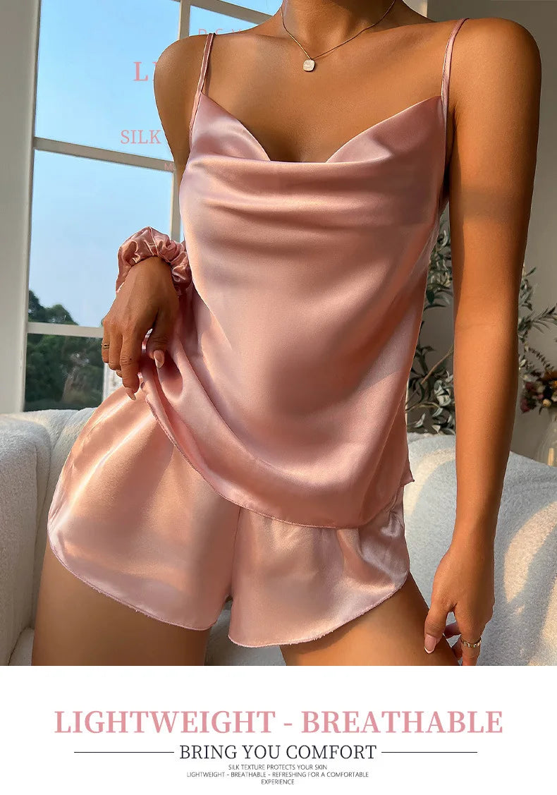 New 2026 Women’s Silk Satin Pajama Set Sexy Lingerie Sleeveless Camisole Tanks with Elastic Waist Sleepwear Loungewear Underwear