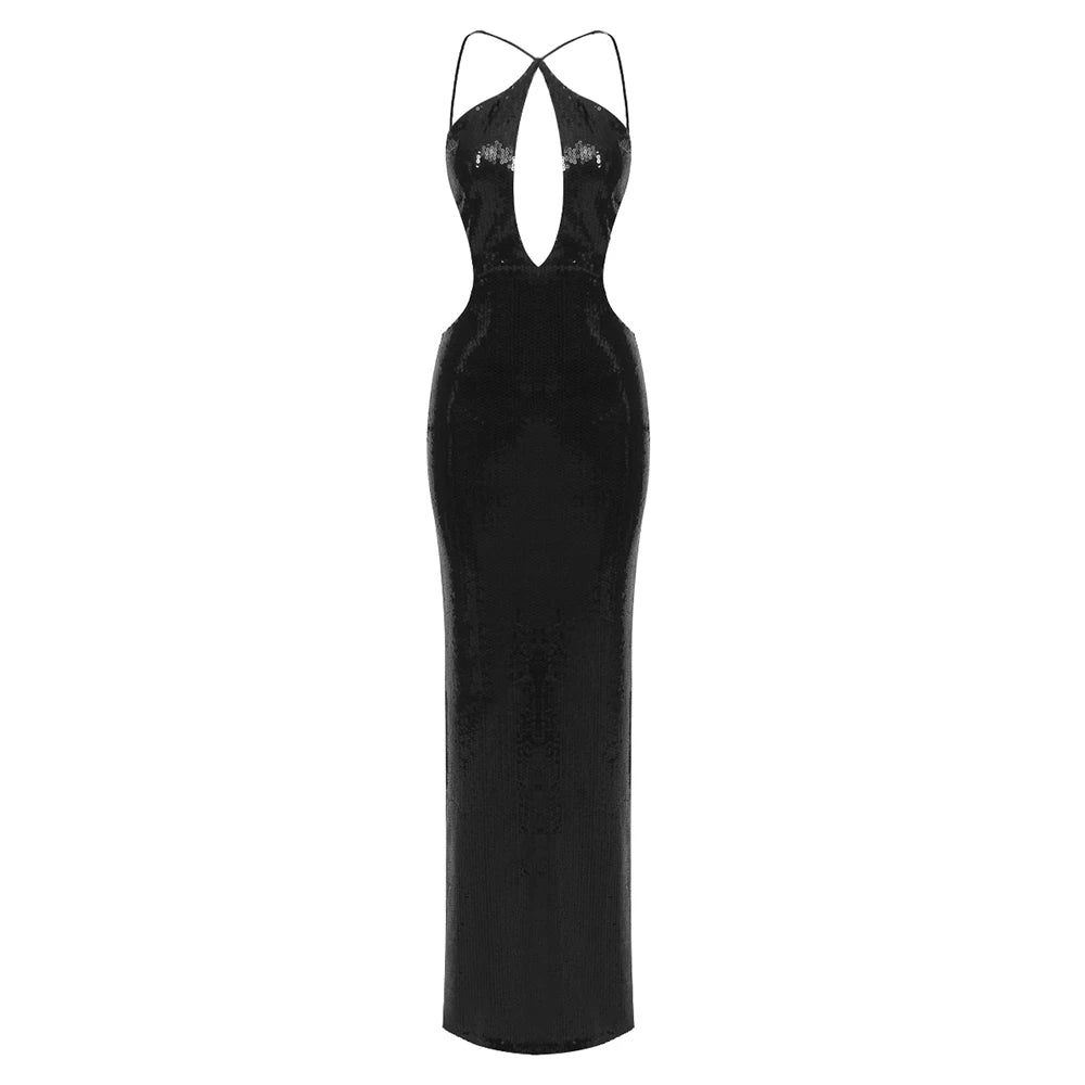 Sexy Sequin Halter Black Long Dress with Deep Plunge Cut-out – Summer New Backless Club Nights DJ Party Birthday Evening Dresses