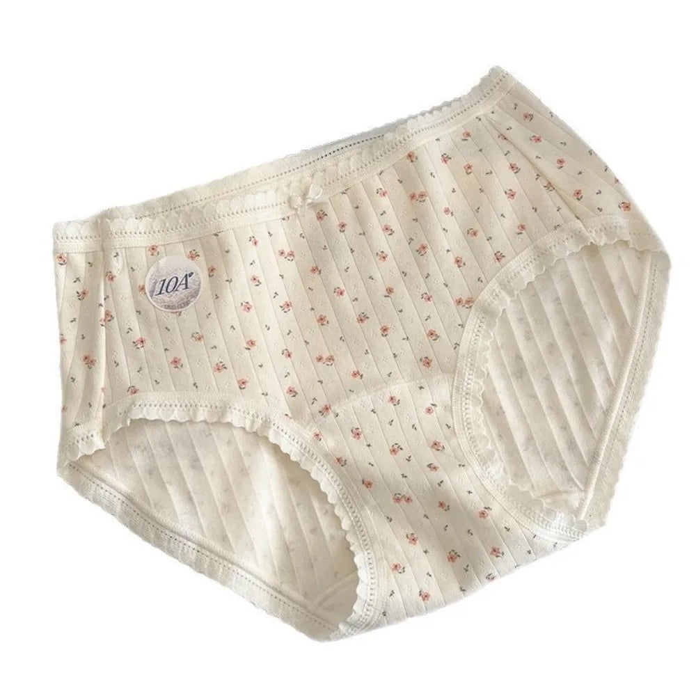 Lingerie Mid-waist Underwear for Women Bear Grid Sweet Floral Panties Underpants Bow Cotton Briefs Lady