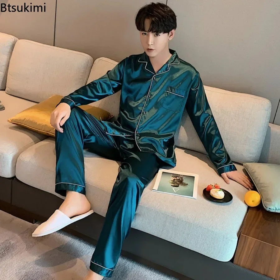 High Quality Men's Casual Pajama Sets Fashion Satin Long Sleeve Lapel Tops and Pants Homewaer Suit Men Comfort Lounge Sleepwear
