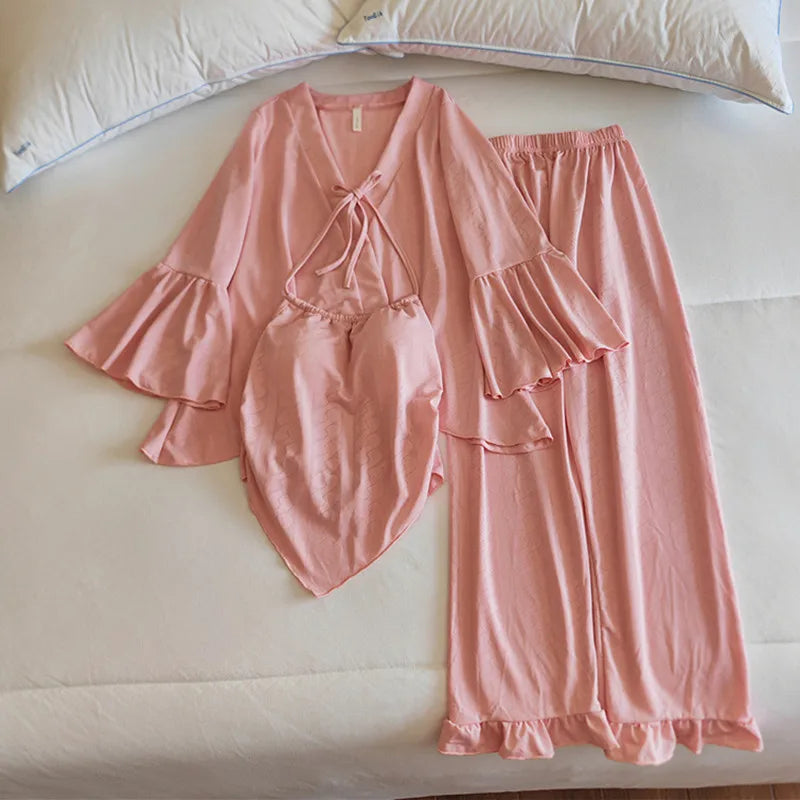 Pajama Set Woman New Chest Pad Sleepwear Ladies Night Wear Clothes Long Sleeve Trousers Suit Cotton Home Pijama De Mujer 3 Pcs