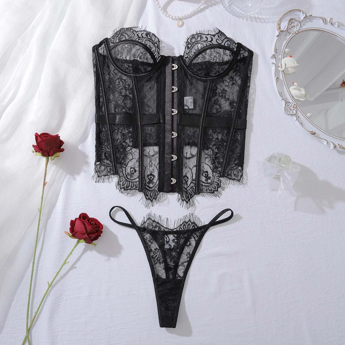 2025 new product: two-piece lingerie set for women, featuring eyelash lace, wavy low-cut fishbone design, and sexy body-shaping
