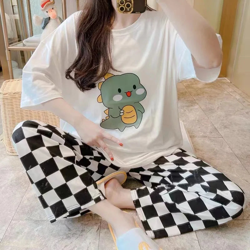 Women Pajamas Two-pcs Set Homewear Sleepwear Pajama Set Summer Ladies Comfortable Clothing Girls Cartoon Half-sleeved Long Pants
