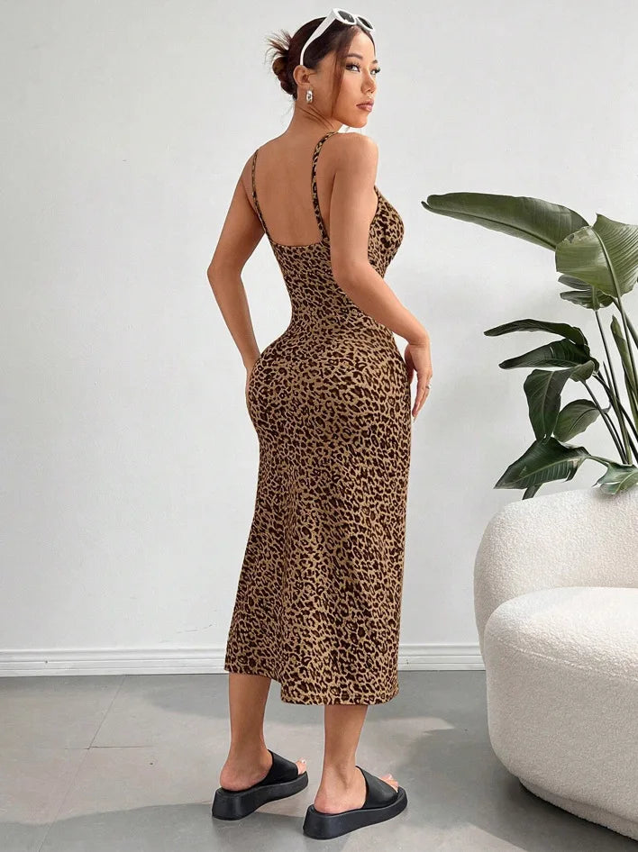 Summer slip dress women's slip bandeau tight height slit solid color leopard print hip skirt