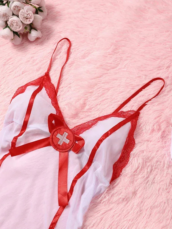 2027 Erotic Nurse Lingerie Set: See-Through Lace Bra, Panty & Garter Costume - Unleash Your Naughty Side