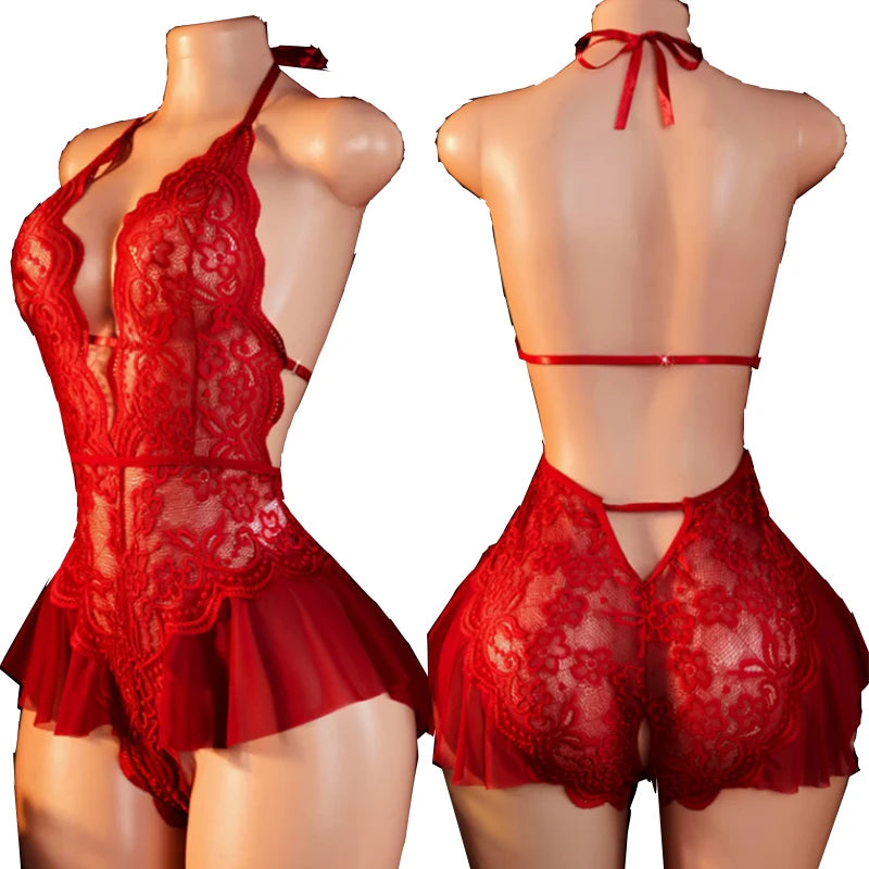 New Sexy Crotchless Blue Sexy Lingerie Women Lace Hollow Bodysuit Erotic Pajamas Teddy Babydoll Dress Deep V Open Bra Porn Set