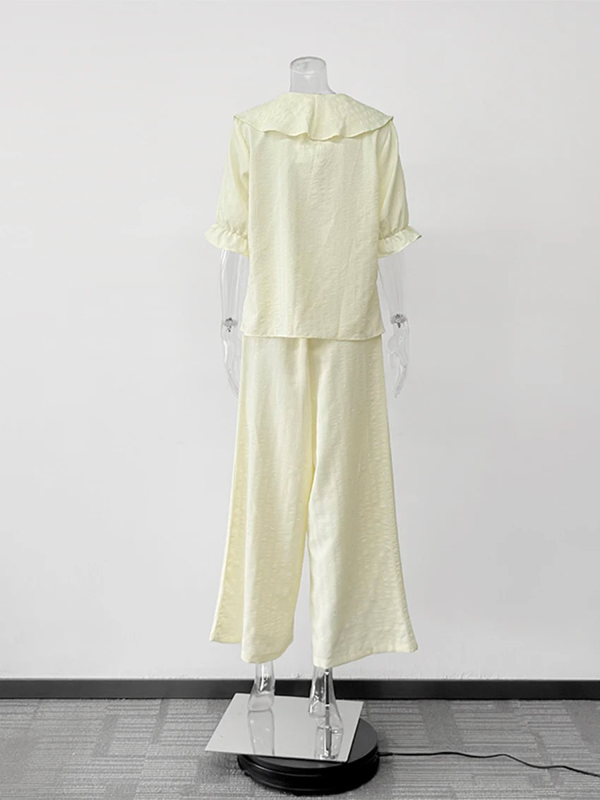 Women Linen Pajama 2 Piece Set Short Sleeve Front Ruffle Shirt PJs Pants Lounge Cute Sleepwear Casual Homewear Set