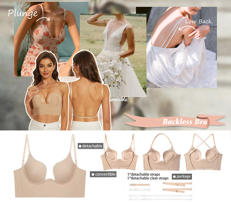 Seam-free Womens Low Cut Plunge Bra Wire Lifting Deep U Shaped Multi-Way Push Up Convertible Plunge Backless Sexy Bra