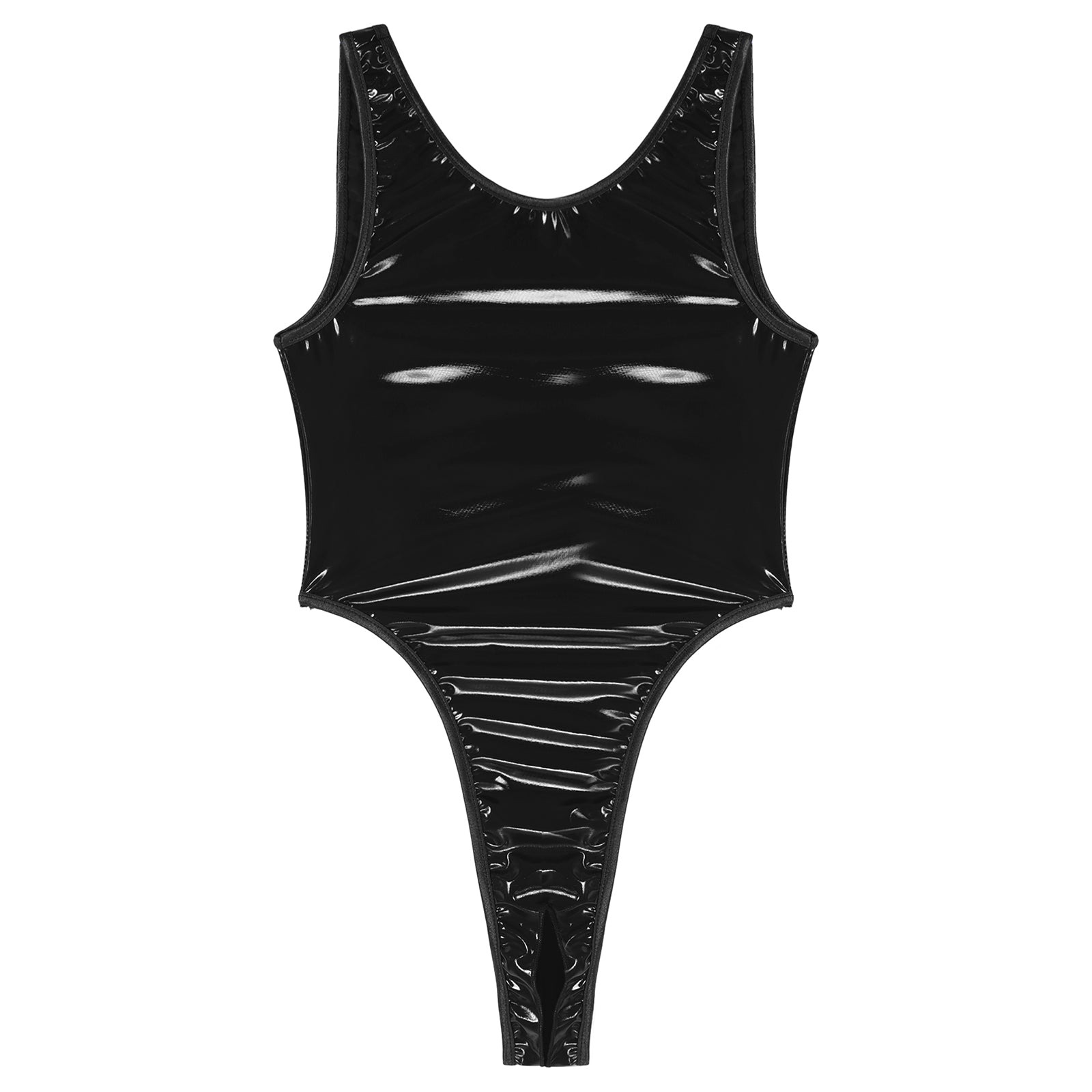 Womens Lingerie Crotchless Bodysuit Swimsuit U Neck Wet Look Patent Leather Clubwear High Cut Backless Catsuit Pole Dance Outfit