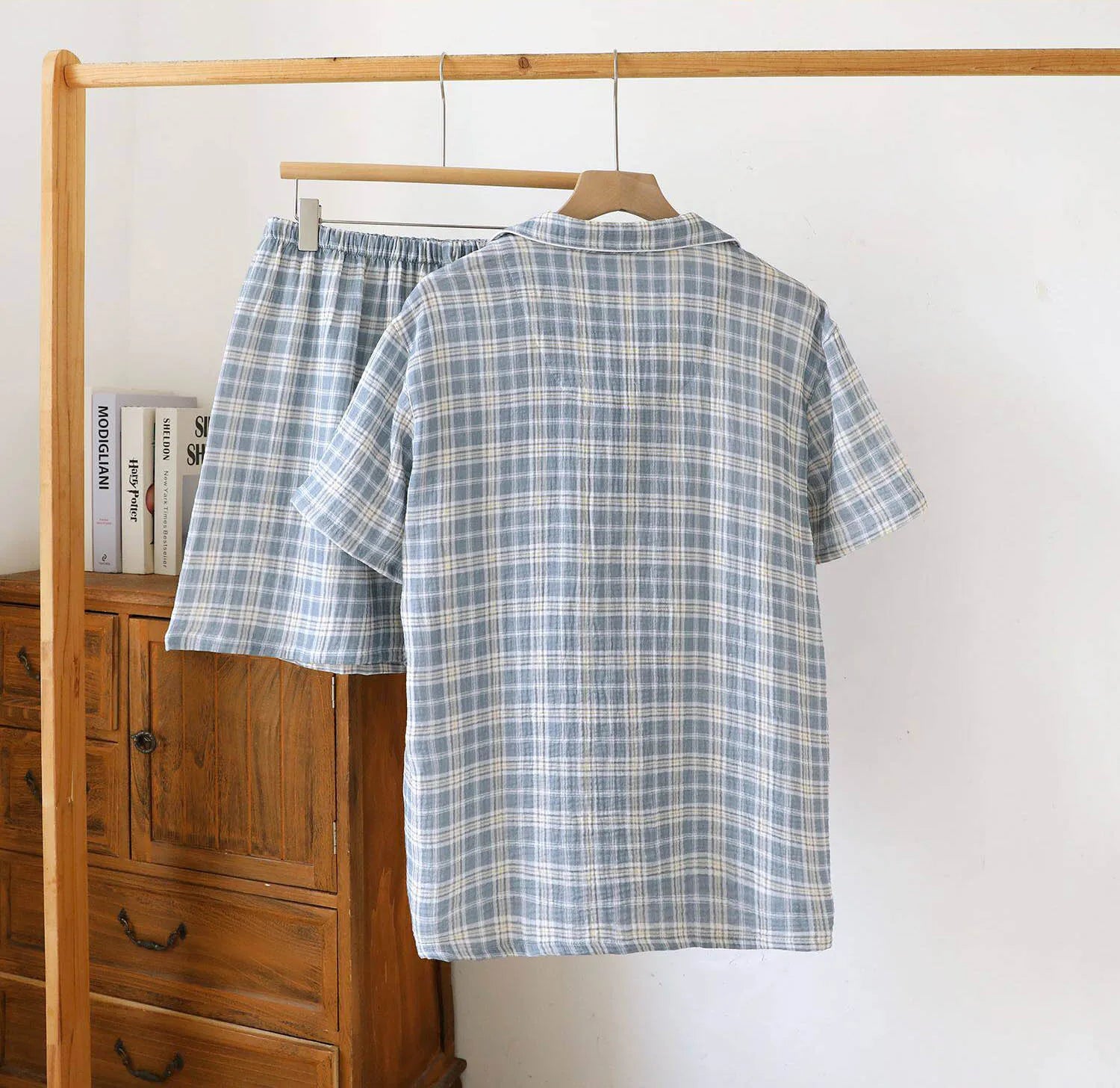 Men's 2-Piece Pajama Set - Japanese Plaid Sleepwear, Cotton Gauze Short Sleeve & Shorts, Lightweight & Breathable Relaxed Fit, S