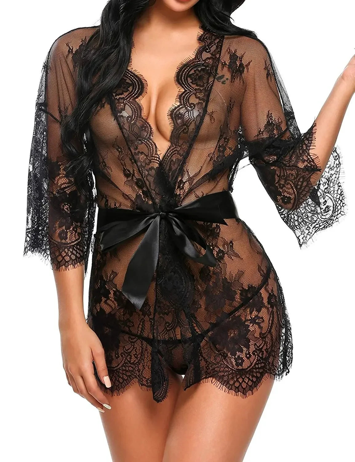 Erotic Transparent V-Neck Lace Babydoll Women Sexy Lingerie Nightwear Robe G-string Costume Robe Sleepwear Dress