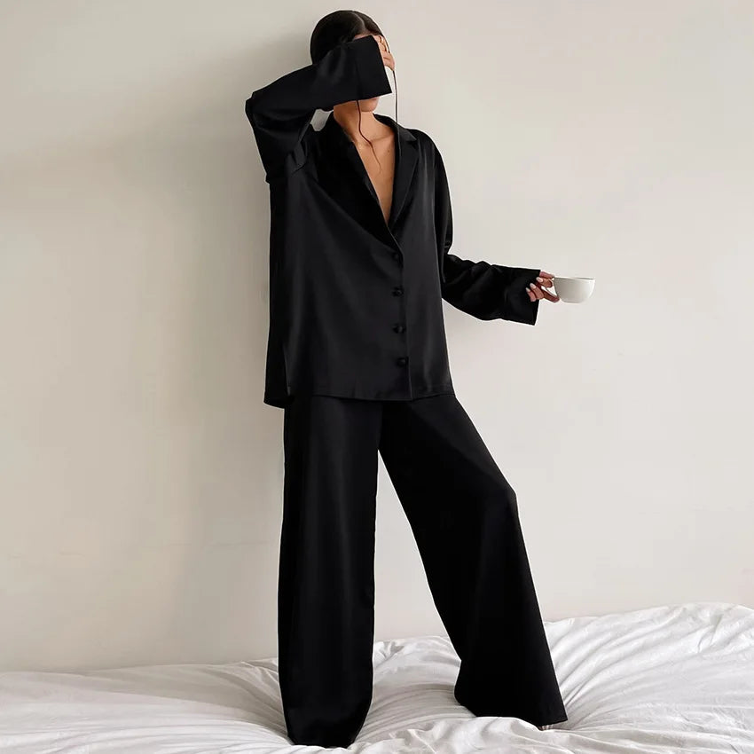 Two Pieces Women Pajama Sets Single Breasted Blouses Lounge Full Sleeve Spliced Straight Pants Casual Solid Lady Sleepwear
