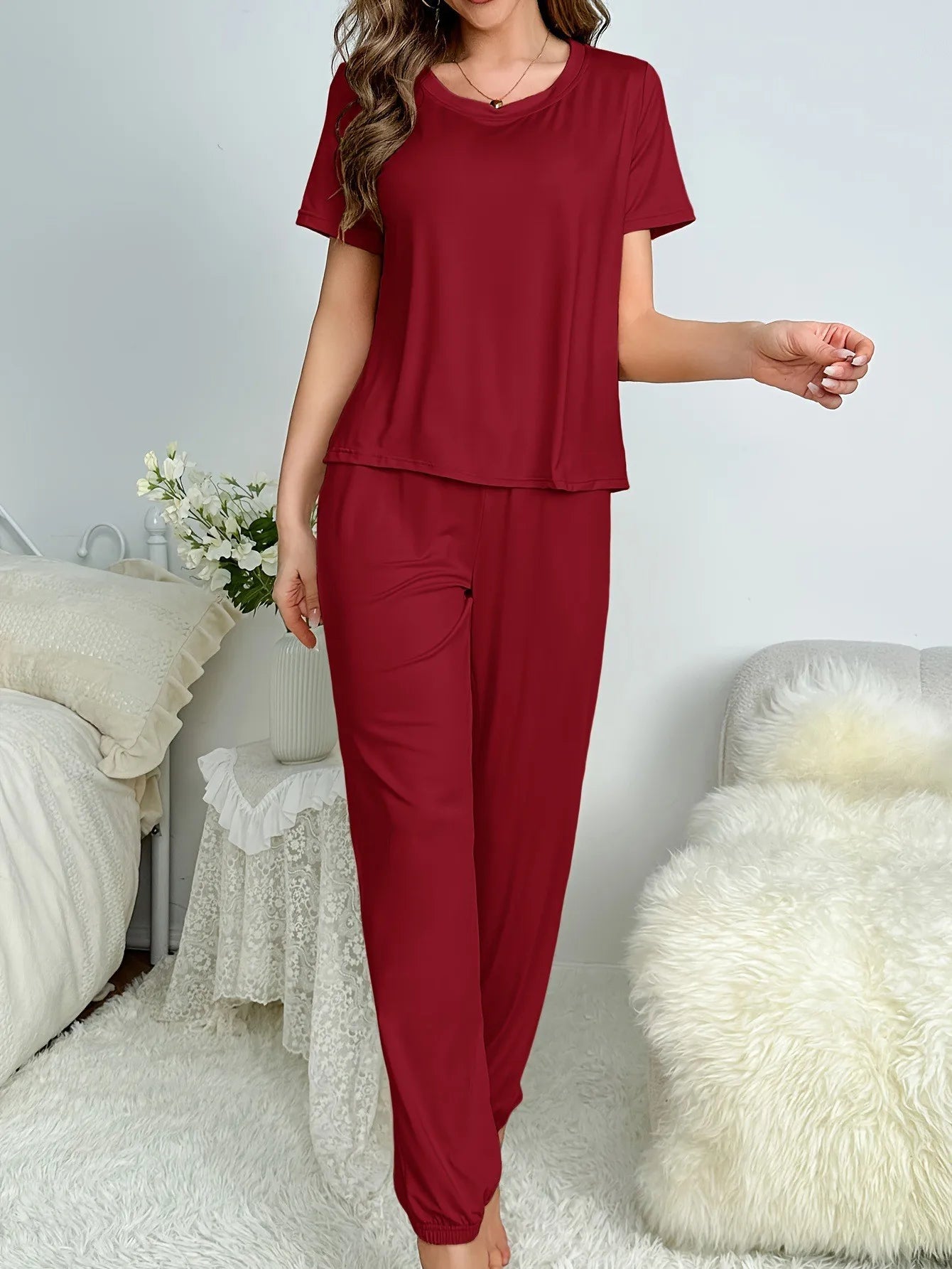 Women's Pajamas Set Solid Color Short Sleeve O Neck T-Shirt+Trousers 2 Pieces Suit Sleepwear Soft Loose Pijama Female Loungewear