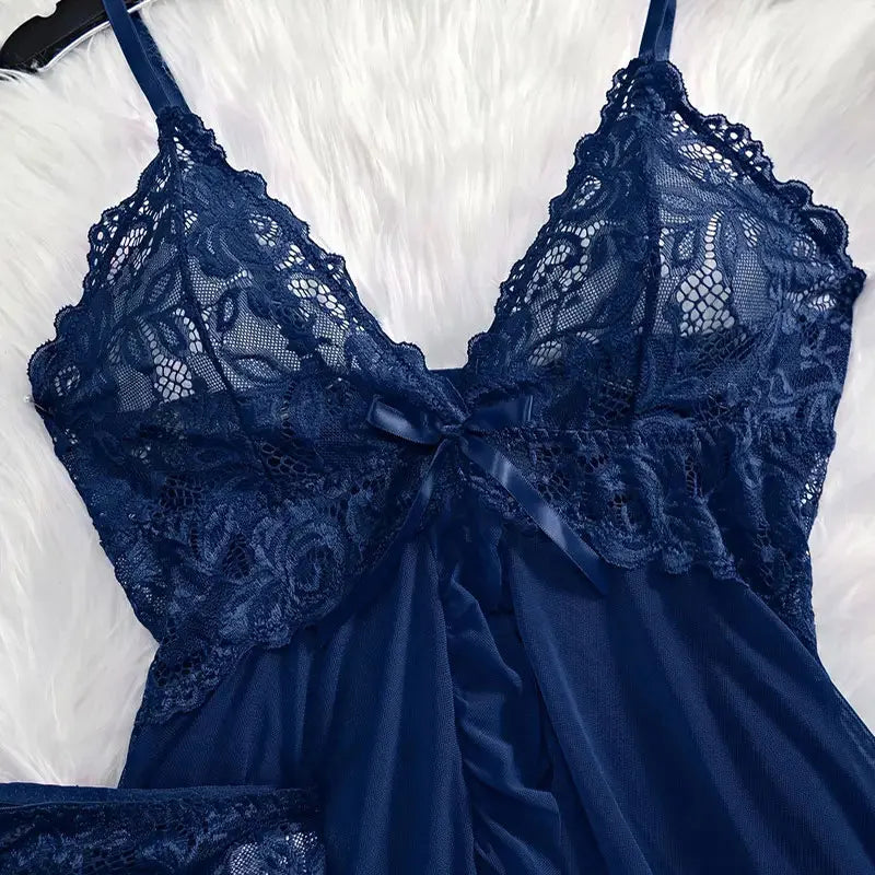 Women's Sexy Lingerie Dress Thin Style G-string Contrast Lace Ruffle Trim Lingerie Set Deep V Slip Thong Lencería Mujeres