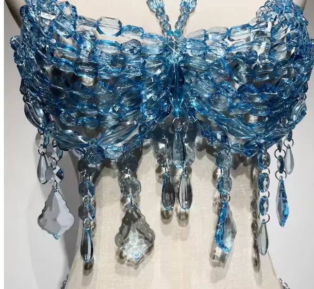 Blue Beaded Bikini Rave Body Party Bridal Wedding Accessories Fringe Chain Mermaid Bra Top Beachwear Lingerie Harness Bralette