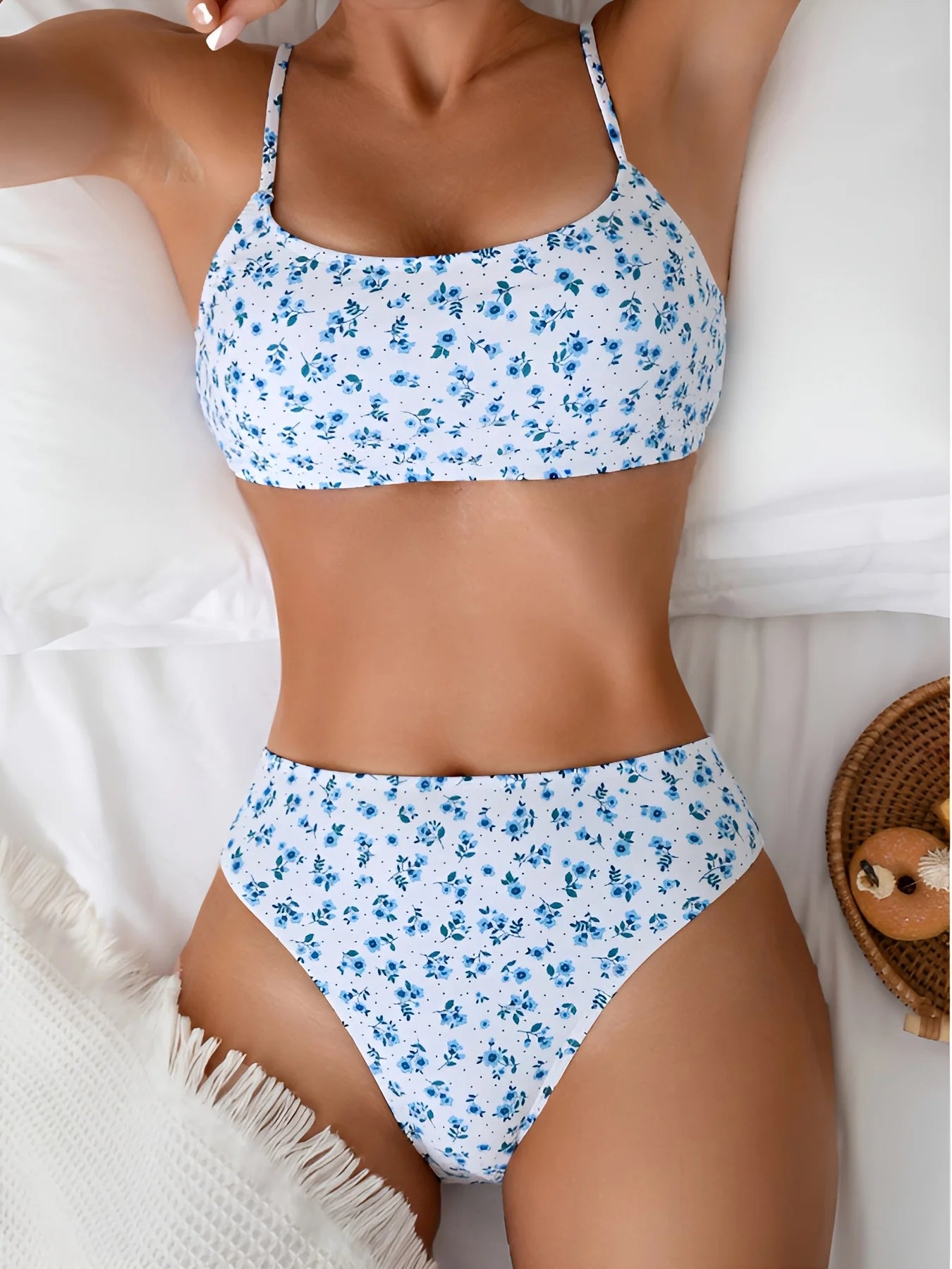 Bohemian Flower Print Bikini Set High Waist Two Piece Swimsuit Women Spaghetti Strap Bathing Suit Summer Beachwear
