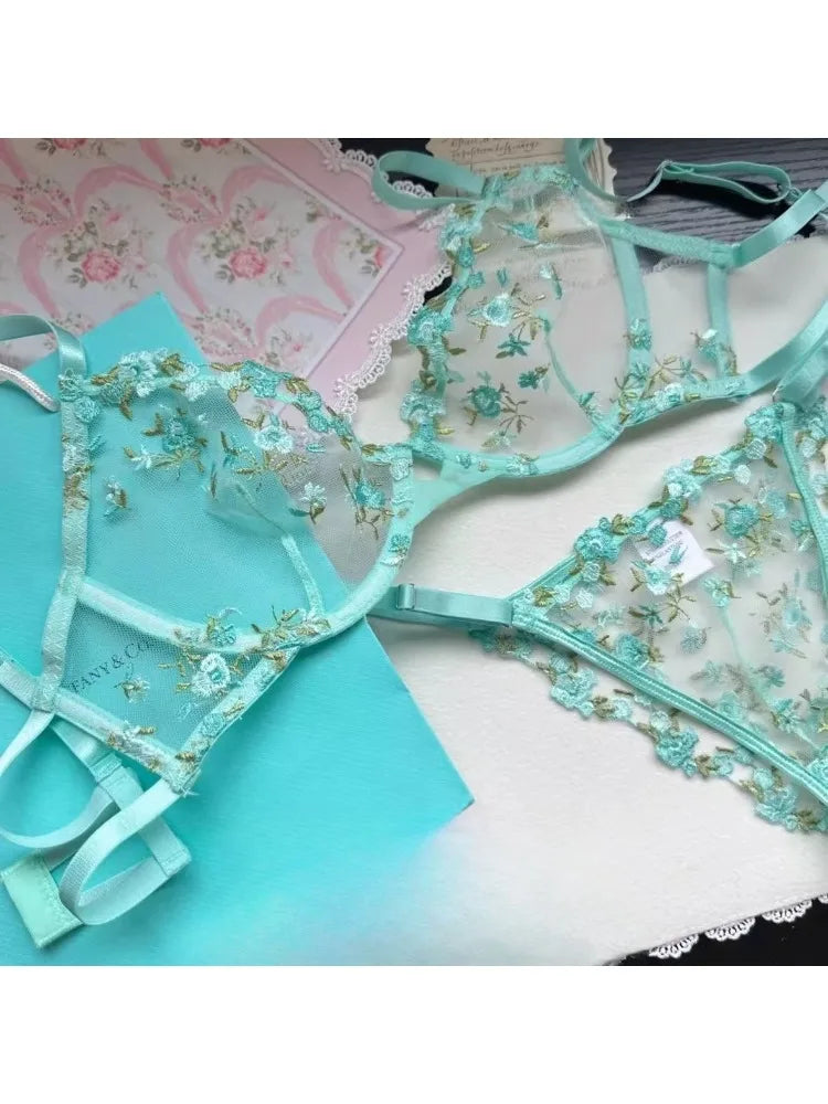 Sexy Lingerie Set - Pink French Lace Bra|G-stringFloral Embroidery Women's Underwear,Sweet Push Up Bra Set,Valentine's Day Gift