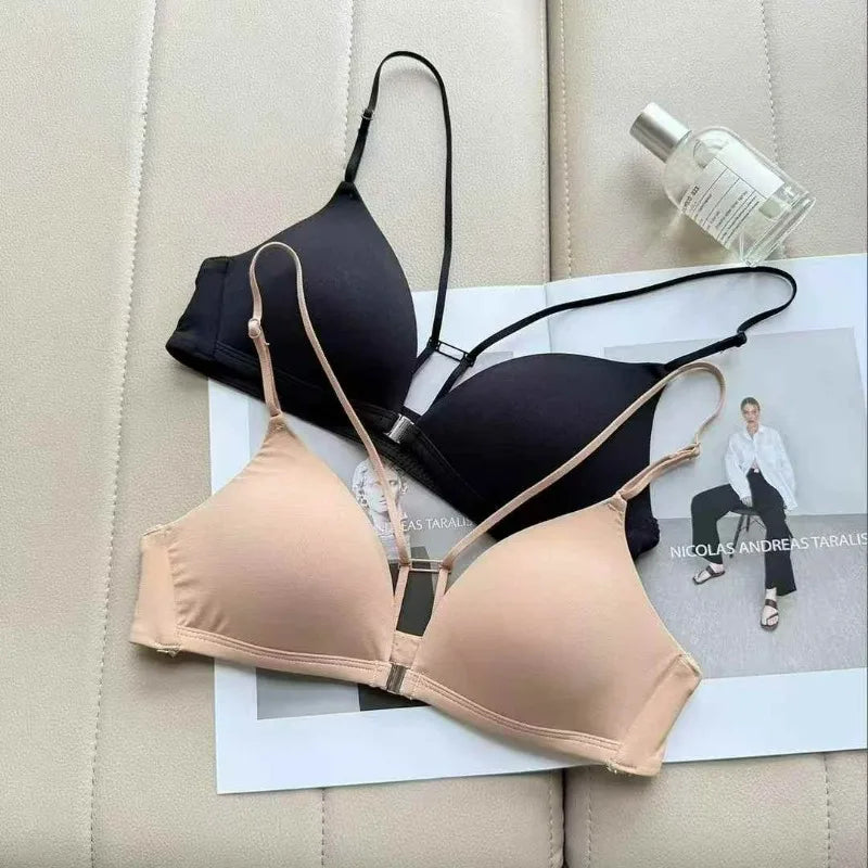 Front Closure Bras for Small Bust Women Deep V Plunge French Triangle Cup Seamless Thin Straps