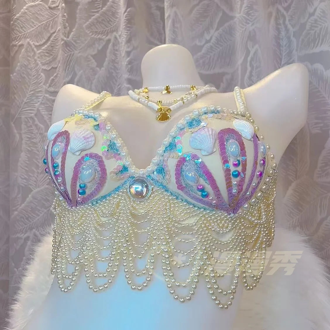 customized sparkling iridescent sequin shell bra pearl chain tassel pool party bra beach vacation pearl jacket belly dance bras