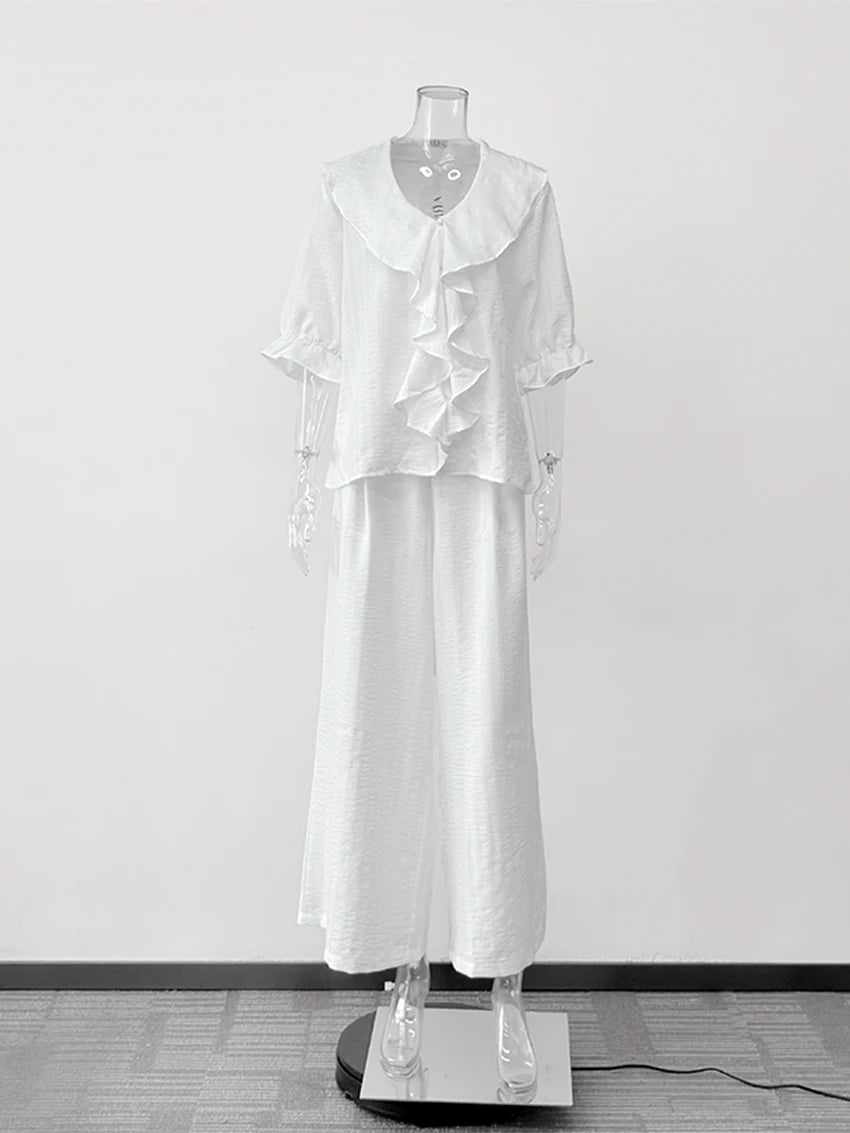 Women Linen Pajama 2 Piece Set Short Sleeve Front Ruffle Shirt PJs Pants Lounge Cute Sleepwear Casual Homewear Set