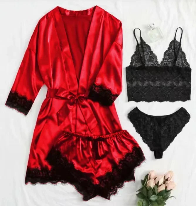Spring and Autumn Women's Sexy High-quality Lace Camisole Pajamas Soft Comfortable Breathable and Comfortable 4-piece Set