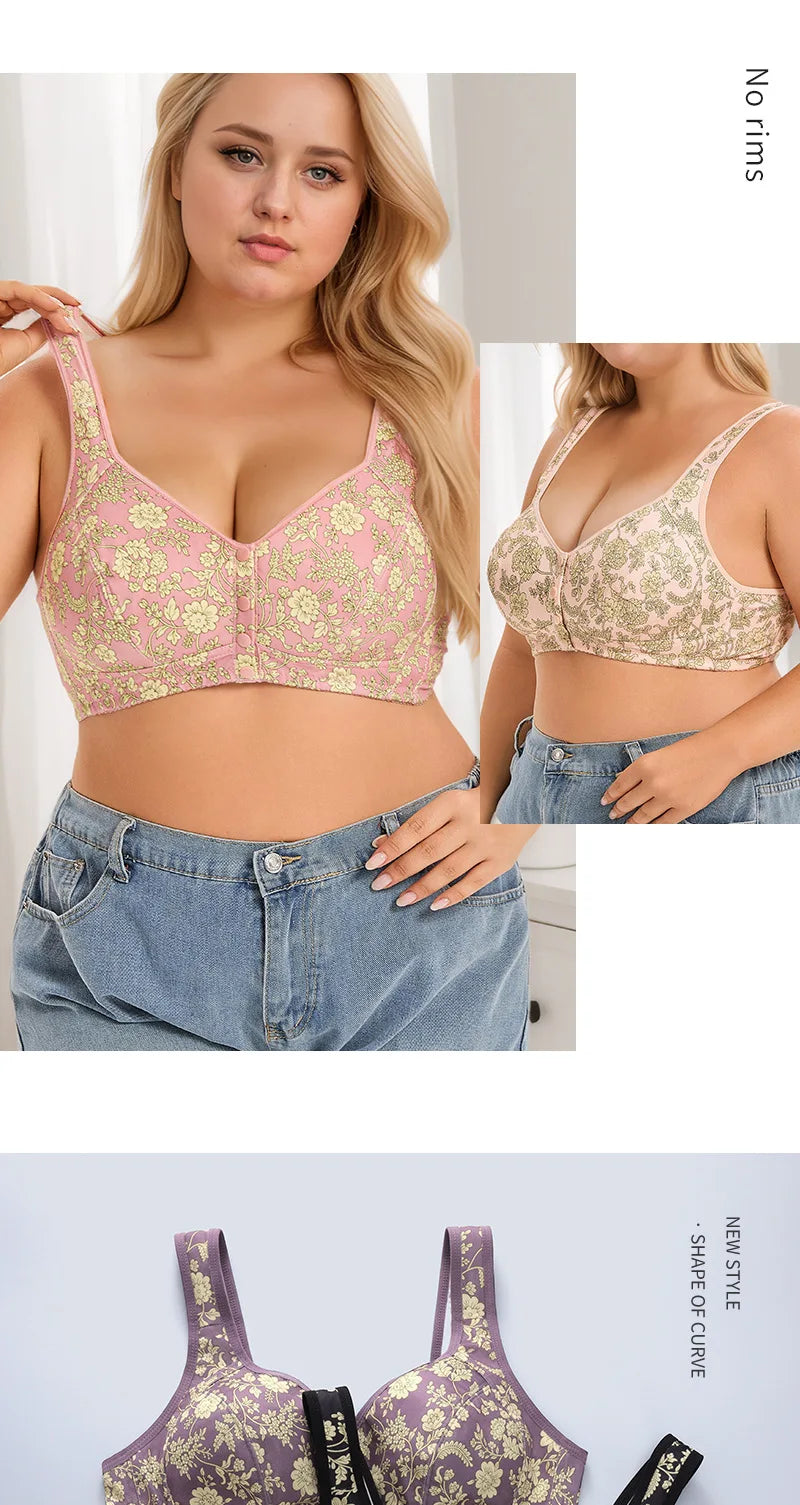 plus Size Front Closure Wireless Floral Print Bra Full Coverage Comfortable Support Bralette for Women Wide Band Everyday Wear