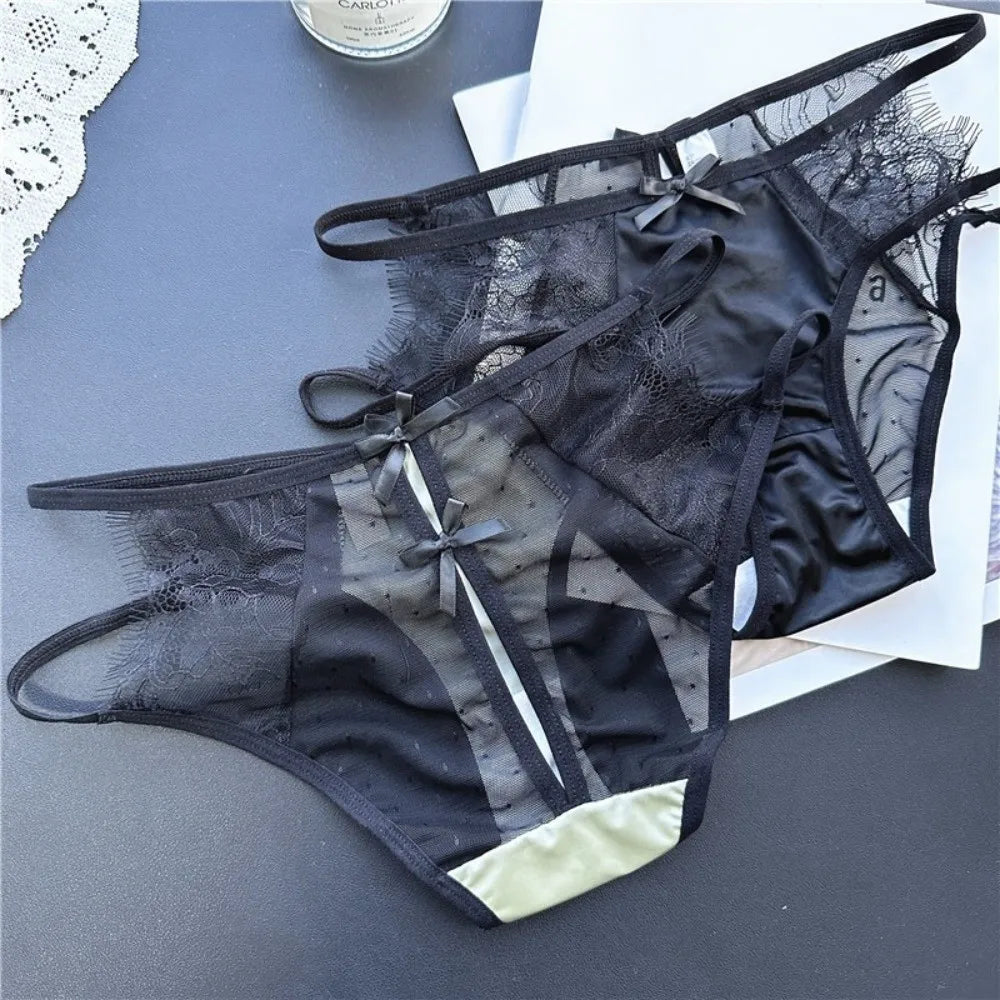 Lingerie Low Waist Underwear for Women Bow Transparent Sweet Lace Panties Hollow Mesh Satin Silk Briefs Girl