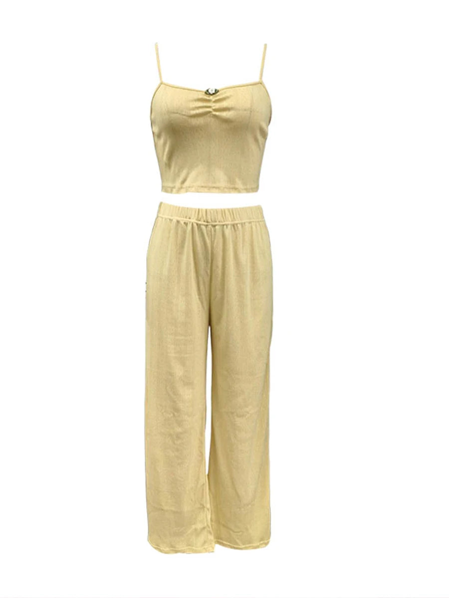 Camisole Pajama Set For Women With Long Pants Yellow Two Piece Loungewear Sleepwear For Home Casual Wear Comfortable Sexy Pajama