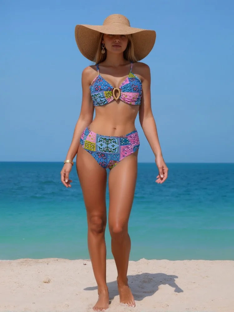 2026 New Bikini Set Women - Sexy Triangle Push Up Top & Tie Side Bottoms Western Floral Print Two Piece Swimsuit