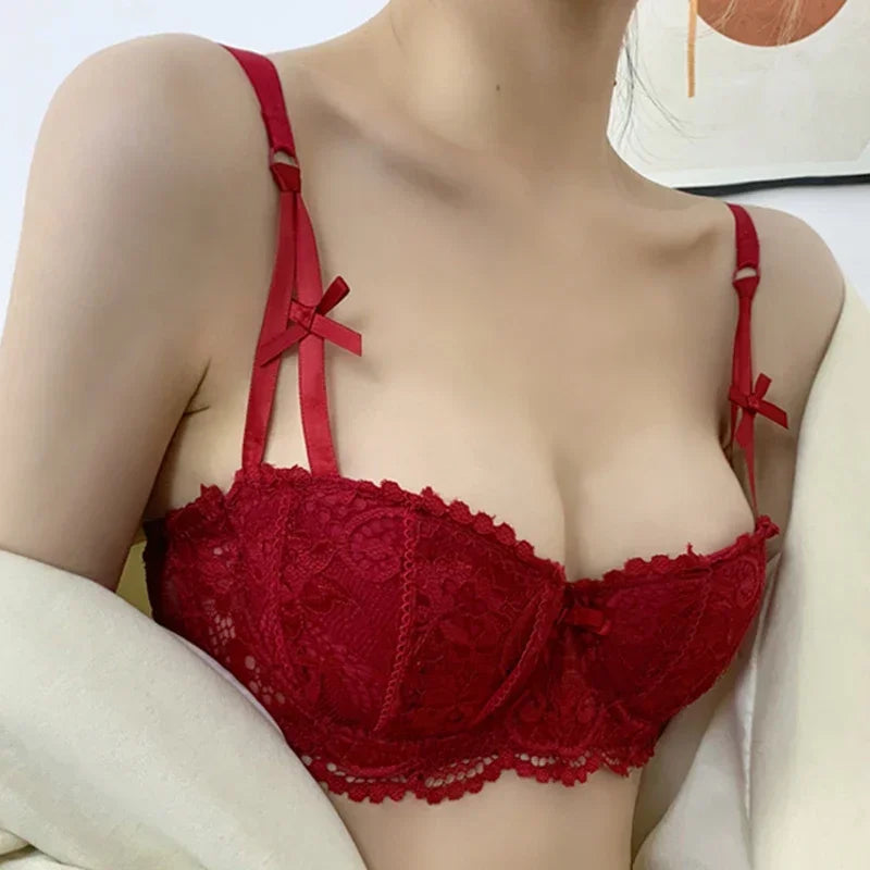 A B Cup Balconette Push Up Bra - Sexy Lingerie Half Cup, Enhance Cleavage, Soft Comfort Fit, Red/Black/White